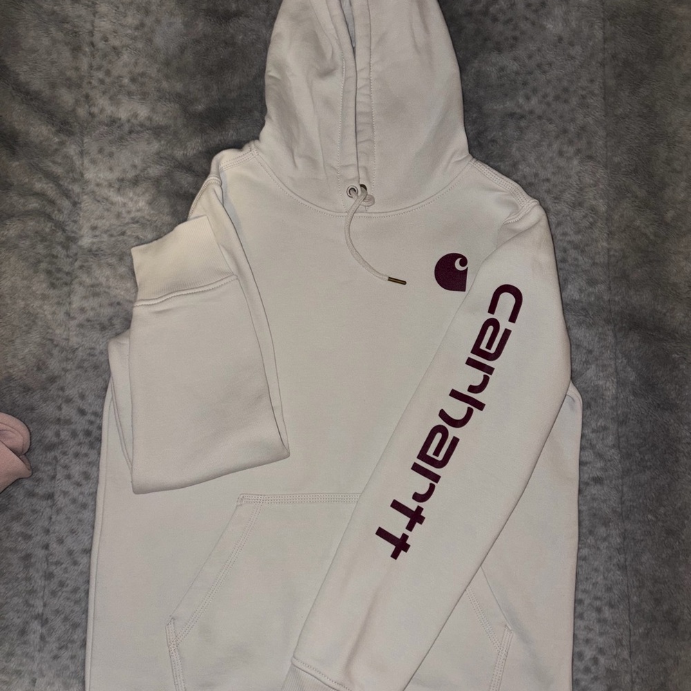 Carhartt Off-White Hoodie with Burgundy Logo